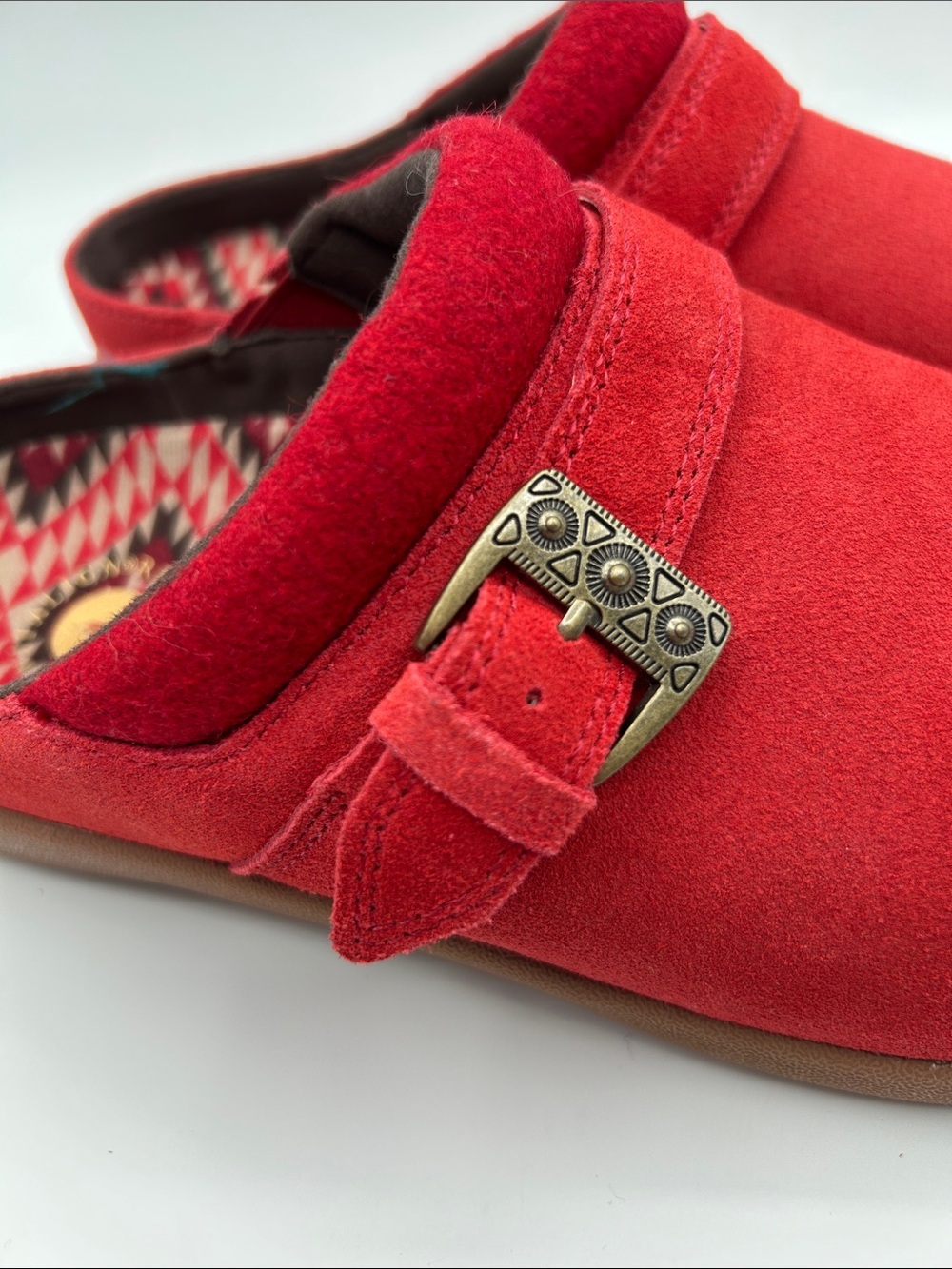 REVITALIGN (WIDE, 9D) Ashley Desert Red Suede Slip-On Clogs with Buckle Accent - Picture 13 of 16